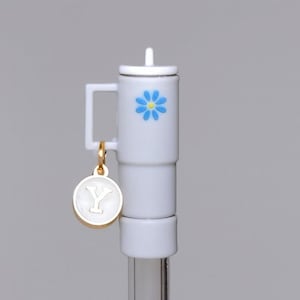 Grey And Blue Mini Tumbler Straw Topper with Initial Charm for Stanleys, Tumblers, etc.