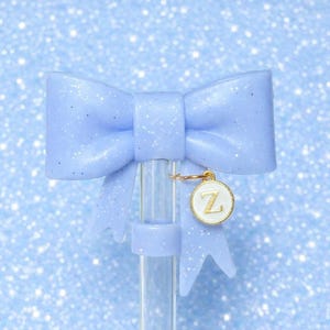 Blue Glitter Bow Straw Topper with Initial Charm for Stanleys, Tumblers, etc.