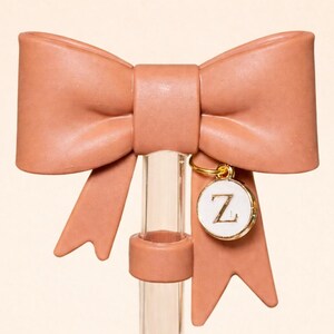 Caramel Bow Straw Topper with Initial Charm for Stanleys, Tumblers, etc.