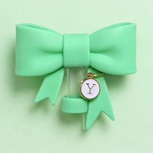 Green Bow Straw Topper with Initial Charm for Stanleys, Tumblers, etc.