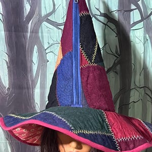 Patchwork Witch Hat with Zippered Moon Cat Reveal, Repurposed Vintage Quilt, Adult Fits Most, Fully Lined Costume Hat