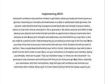 May include: White paper with the title "Improving Mental Health in Gymnastics" and the subheading "Implementing ARCH." The text discusses mental health strategies for gymnasts, including self-confidence and mindset.