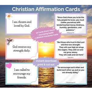 May include: Christian Affirmation Cards with inspirational quotes. The cards feature phrases like "I am chosen and loved by God" and "God renews my strength daily." Includes 30 cards, a journaling guide, and 5 bonus friendship cards.