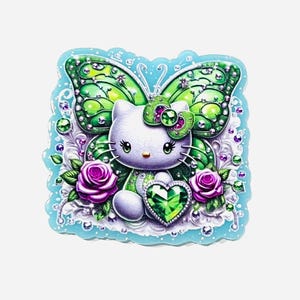 May include: A white cartoon cat with a green butterfly wing design, a green heart, and purple roses. The image has a light blue border with decorative elements and is set against a white background.