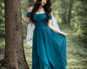 Boho Cottagecore Maxi Dress, Off Shoulder, Smocked Waist, Rayon Crinkle Fabric WW020A