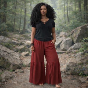 Palazzo Hose, Gestufter Hose, Ausgestellter, Strukturierter, Elastischer Bund, WW104