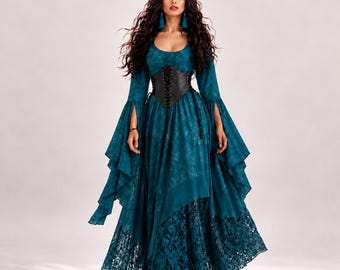 May include: A floor-length teal dress featuring long, flared sleeves with slits, a scoop neckline, and a black lace-up corset-style belt. The skirt has a layered design with a solid teal upper section and a dark teal lace hemline.