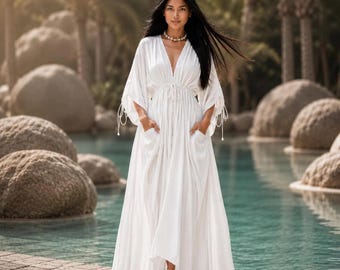 Goddess Dress, Goth Dress, Pockets, Wiccan Maxi Dress, Bell Sleeves, WWC154, WildWomenCurves