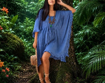 Boho Übergroßer Kaftan Minikleid, Empire-Taille Tunika, Bequemer Damenstil WWC110B