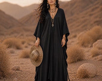 Boho Caftan-Rayon Jersey Stretch-V-Neck Dress-Feminine Look-Flowing Comfortable-Elegant-WW143