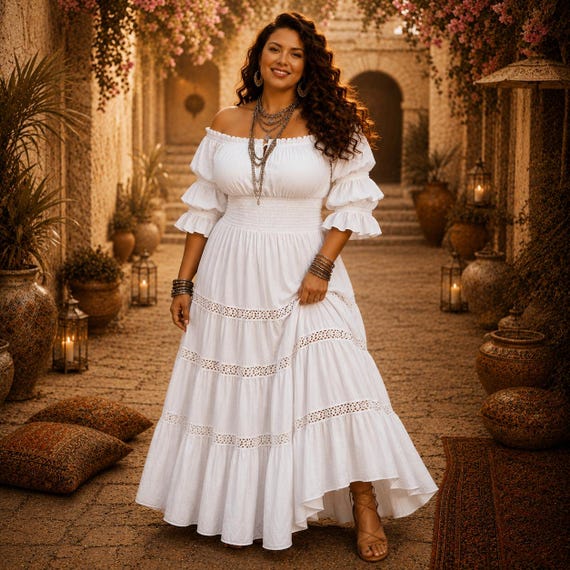 flowy mexican dress Bohemian Peasant Dress, Cottage Goth Gypsy Ruffle, Plus Size 5X WWC22B, Wildwomencurves presale-lock