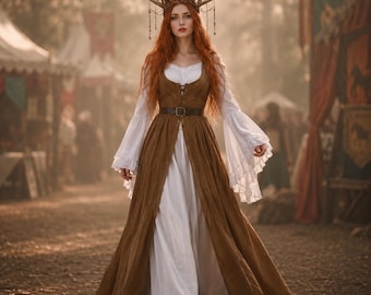 Corset Vest + Peasant Dress, 2 Pc SET, Ren Faire, Renaissance Dress, Goddess Costume, Plus 5X, WildWomenCurves WWC148B