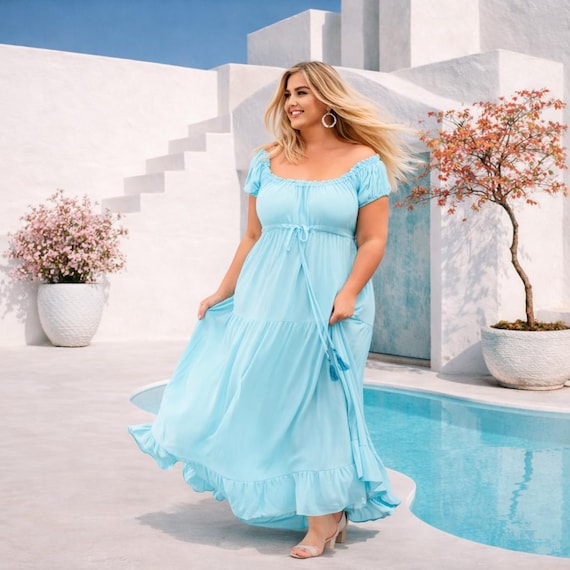 Plus Size Boho Peasant Maxi Dress, Empire Waist, off Shoulder, Rayon Crinkle Fabric WWC13A