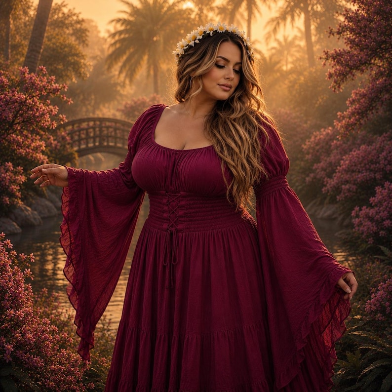May include: A long-sleeved, deep burgundy dress featuring a square neckline, a corset-style lace-up bodice, and wide, flared sleeves. The dress has a gathered, tiered skirt and is worn with a white daisy flower crown on long wavy hair.