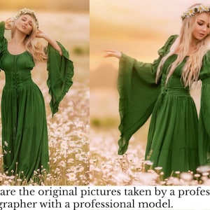 May include: A floor-length forest green dress featuring a scoop neckline, long flared bell sleeves with ruffled edges, and a corset-style lace-up bodice detail. The dress is worn with a white daisy flower crown on the head.