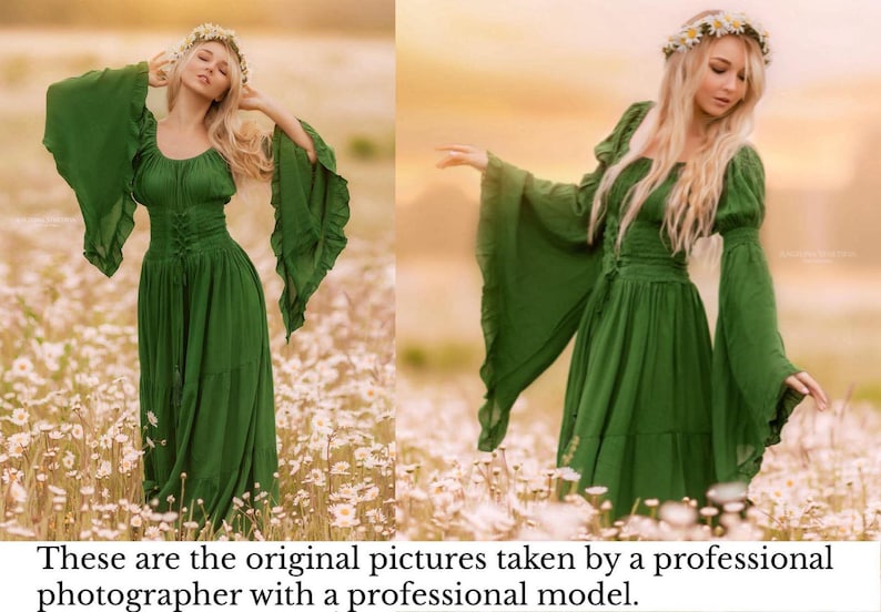 May include: A floor-length forest green dress featuring a scoop neckline, long flared bell sleeves with ruffled edges, and a corset-style lace-up bodice detail. The dress is worn with a white daisy flower crown on the head.