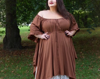Top ampio in stile boho taglie forti, blusa contadina asimmetrica con vita impero, perfetto per festival e resort WWC1