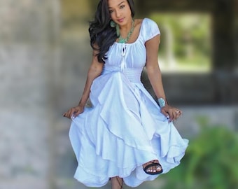 Rayon Crinkle Boho Maxi Dress, Smocked Waist, Ruffle Skirt, WW020