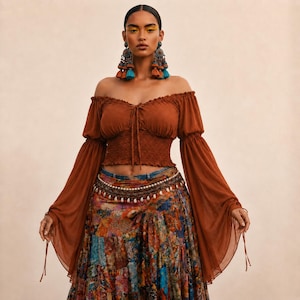 Puede incluir: Una blusa de color óxido con hombros descubiertos, mangas largas y fluidas, y un corpiño fruncido con un lazo central. La blusa se combina con una falda larga de estampado multicolor y un cinturón decorativo adornado con pequeñas conchas blancas.