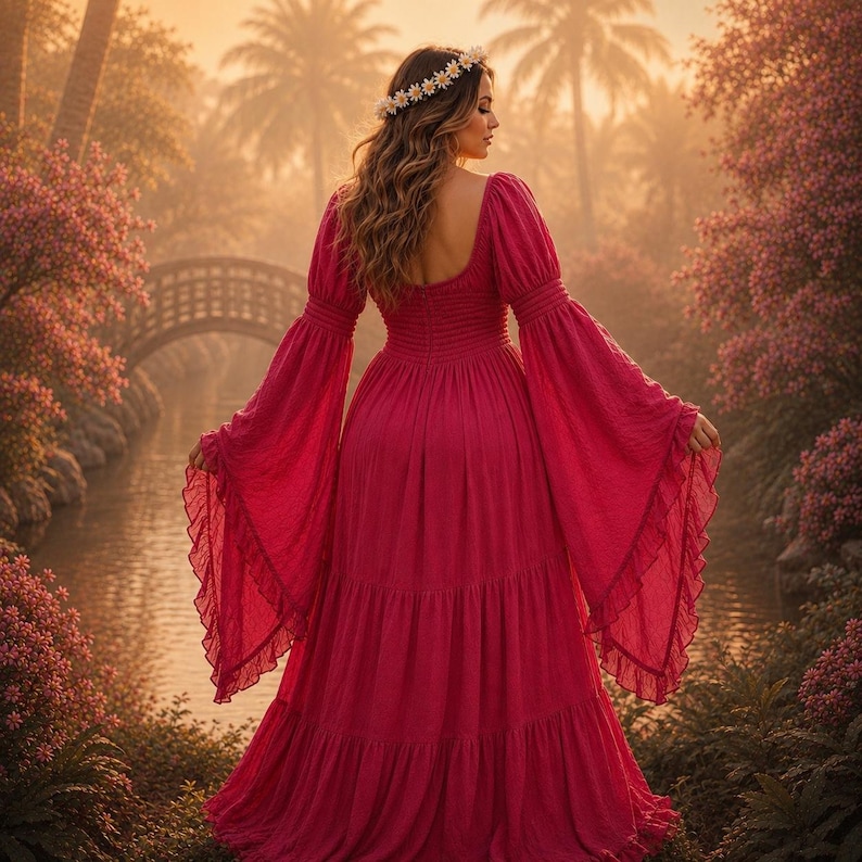 May include: A floor-length magenta dress featuring long, wide bell sleeves with ruffled edges, a square neckline, and a tiered skirt. The garment has a fitted bodice with horizontal pleating details and is worn with a white daisy flower crown.