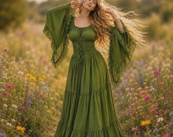 Cottage Witch Maxi Dress, Gothic Renaissance Gown, Wiccan Peasant Costume, Layered Cottagecore Cosplay Outfit, Wild Woman Curves, WW004C
