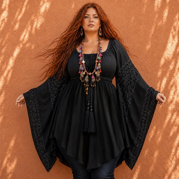 Romantic Feminine Blouse, Empire Waist Drawstring, Lace Bell Sleeves, Rayon Top, Plus Size 4X WW144 WildWomenCurves