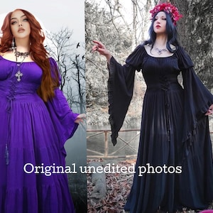 May include: A floor-length dress with long flared sleeves and a lace-up corset-style bodice. The dress is shown in two versions: one in solid purple and one in solid black. Both feature a scoop neckline and a gathered skirt with a tiered design.