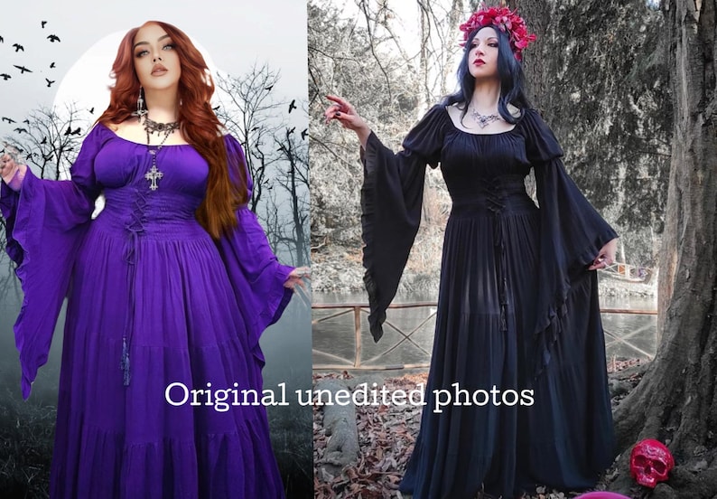 May include: A floor-length dress with long flared sleeves and a lace-up corset-style bodice. The dress is shown in two versions: one in solid purple and one in solid black. Both feature a scoop neckline and a gathered skirt with a tiered design.