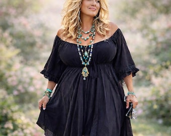 Top boho taglie forti, blusa contadina asimmetrica con vita impero, stile boho fluido per festival e resort WW111