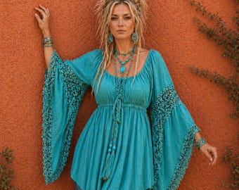 Boho Romantische Bluse, Empire-Taille Kordelzug, Spitze Glockenärmel, Rayon Crinkle Flowy, WW144A