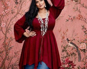 Top stile contadino taglie forti, blusa a vita impero, rayon stropicciato, top boho fluido, WWC12A