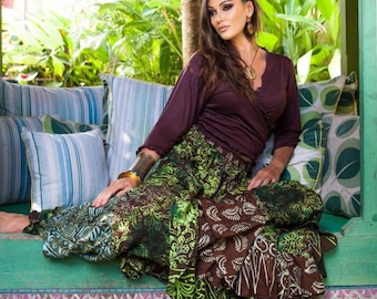 Batik Patchwork Layered Maxi Skirt, Elastic Waist, Flowy Boho Womens Casual Wear, WWC98