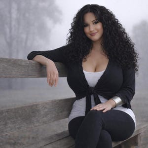 May include: A person wearing a black cardigan tied at the waist over a white top, paired with black leggings. The person is sitting on a wooden bench, with long, curly black hair and a silver bracelet.