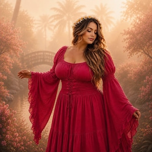 May include: A long-sleeved magenta dress featuring a square neckline, a corset-style lace-up bodice with a cinched waist, and wide, flared sleeves with ruffled edges. The dress has a tiered skirt and is worn with a small white floral crown.