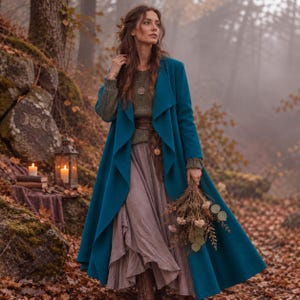 Stretch Jersey Cascade Ruffles Long Duster Jacket, Women’s Boho Outerwear Plus Size WWC111