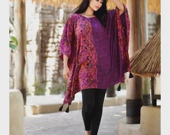 Top poncho boho taglie forti 5X, fantasia batik oversize, nappe, stile boho fluido per festival WWC63