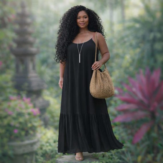 Plus Size Boho Maxi Dress, Spaghetti Strap Ruffled Hem Dress, Made to Order WW118A Plus Size Boho Maxi Dress, Spaghetti Strap Ruffled Hem Dress, Made to Order WW118A