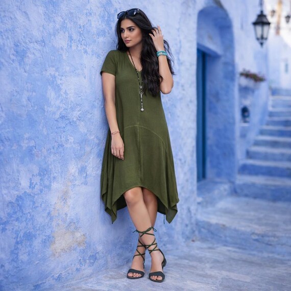 Boho Crinkle Rayon Asymmetrical Dress, Plus Size Fits Up To 6X, Midi Mini WW025 WildWomenCurves