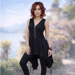 Boho Blouse, Fashion Tunic Top, Zipper Drawstring Waist, Angled Hem, WWC80