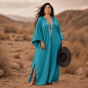 Grote maten 3 x 5 x boho maxi kaftan/kaftan – rayon stretch, v-hals, oversized pasvorm, WO 143A