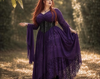 May include: A long-sleeved purple dress featuring a V-neckline, flowing sleeves, and a layered skirt with intricate lace detailing. The garment is cinched at the waist with a black corset-style belt that features front lacing and metal eyelets.
