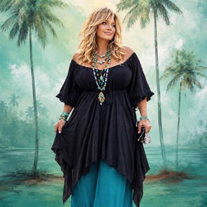 Top bohemio de talla grande, blusa campesina asimétrica con cintura imperio, blusa fluida estilo bohemio para festivales y resorts WW111 WildWomenCurves