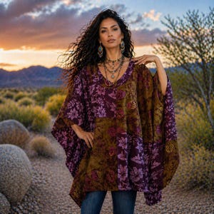 Bohemian Poncho Top, Hippie Style Patch Rayon Batik, Plus Size Up to 7X, WWC93