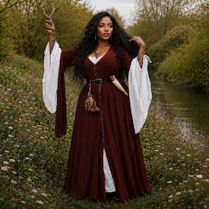 Cottagecore-gotische a-lijnjurk, grote maten: 6x, vloeiende mouwen met knopen, renaissancestofdoekstijl, WWC54B WildWomenCurves
