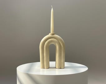 Handmade Ceramic Candle Holder: Beige Arch Vase, Wabi Sabi Decor