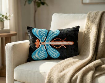 Dragonfly Ikat Pillow Cover, Handwoven Silk Velvet Lumbar Cushion, 16x24