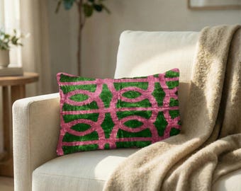 Pink and Green Ikat Pillow Cover 16x24, Velvet Lumbar Cushion