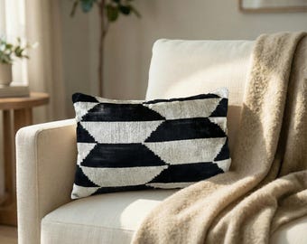 Handwoven Ikat Velvet Pillow Cover: Black & White Lumbar Cushion