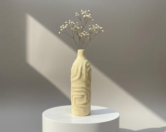 Handmade Textured Ceramic Vase:  Beige Sand Clay Pottery - Feng Shui Earth Element Centerpiece - 14"