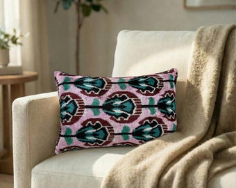 Pink Tulip Ikat Pillow Cover 16x24: Handwoven Floral Lumbar Pillow